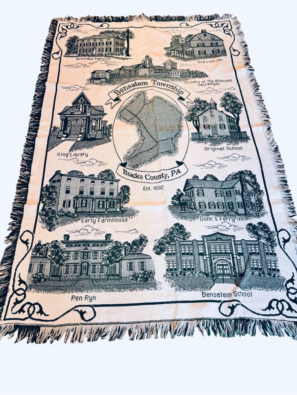 Vintage Tapestry Blanket Bucks County Pennsylvania Green White